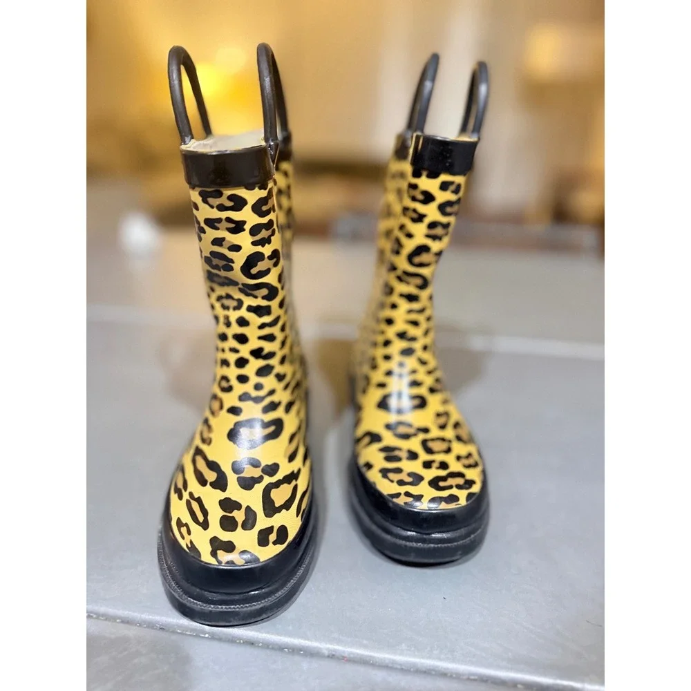 Vintage Western Chief Kids Leopard Print Rain Boots Yellow Pull Handles Size 9